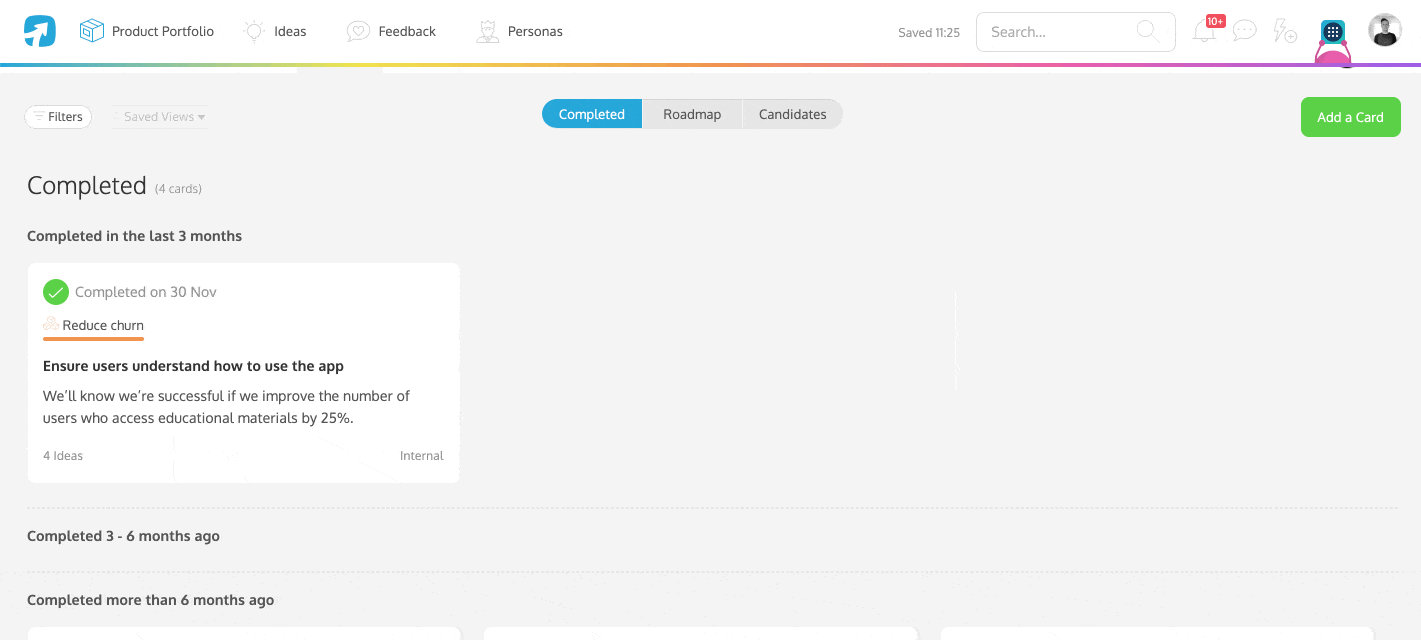Once each roadmap card is completed there is space to measure the performance against your pre-planned success criteria.